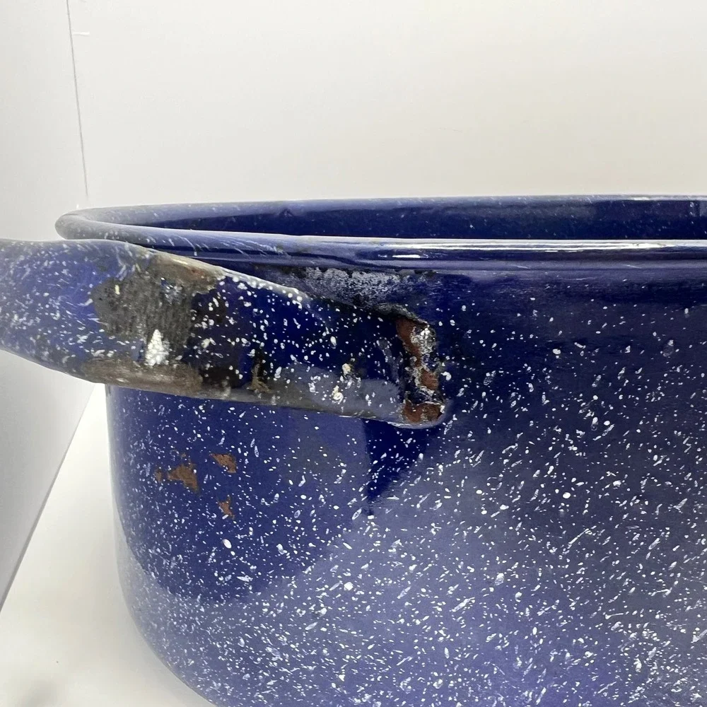 Antique Blue Speckled Enamelware Roasting Pan High Dome Lid Deep Form Farmhouse